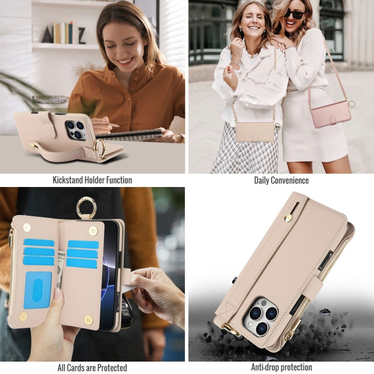 For iPhone 16 Pro Crossbody Ring Multifunctional Wallet Leather Phone Case(White) - More iPhone Cases by PMC Jewellery | Online Shopping South Africa | PMC Jewellery | Buy Now Pay Later Mobicred