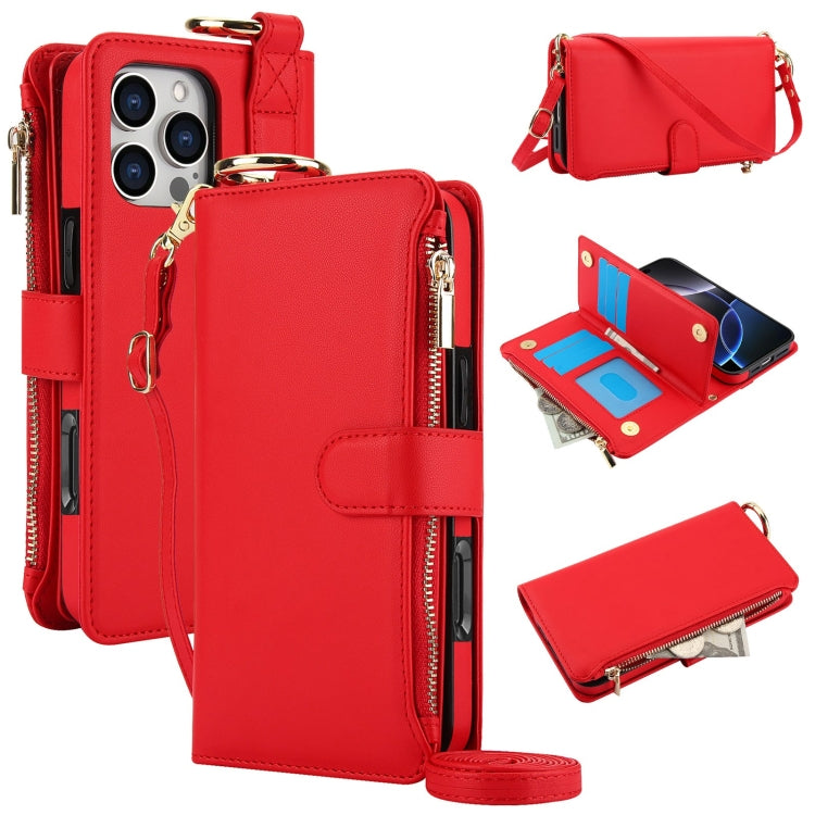 For iPhone 16 Pro Crossbody Ring Multifunctional Wallet Leather Phone Case(Red) - More iPhone Cases by PMC Jewellery | Online Shopping South Africa | PMC Jewellery | Buy Now Pay Later Mobicred