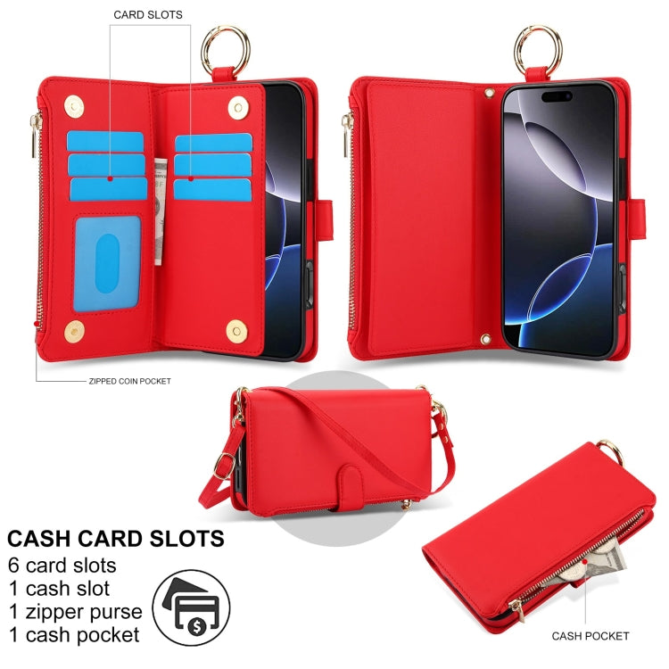 For iPhone 16 Pro Crossbody Ring Multifunctional Wallet Leather Phone Case(Red) - More iPhone Cases by PMC Jewellery | Online Shopping South Africa | PMC Jewellery | Buy Now Pay Later Mobicred