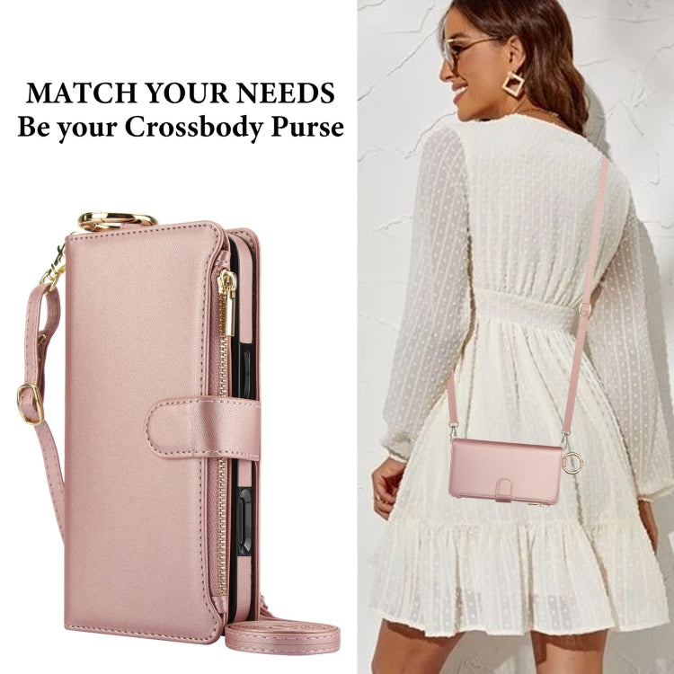 For iPhone 16 Pro Crossbody Ring Multifunctional Wallet Leather Phone Case(Rose Gold) - More iPhone Cases by PMC Jewellery | Online Shopping South Africa | PMC Jewellery | Buy Now Pay Later Mobicred