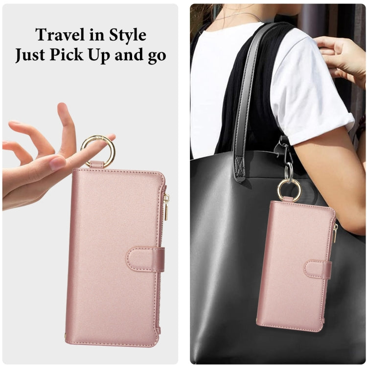 For iPhone 16 Pro Crossbody Ring Multifunctional Wallet Leather Phone Case(Rose Gold) - More iPhone Cases by PMC Jewellery | Online Shopping South Africa | PMC Jewellery | Buy Now Pay Later Mobicred