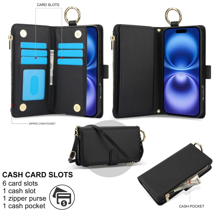 For iPhone 16 Plus Crossbody Ring Multifunctional Wallet Leather Phone Case(Black) - iPhone 16 Plus Cases by PMC Jewellery | Online Shopping South Africa | PMC Jewellery | Buy Now Pay Later Mobicred