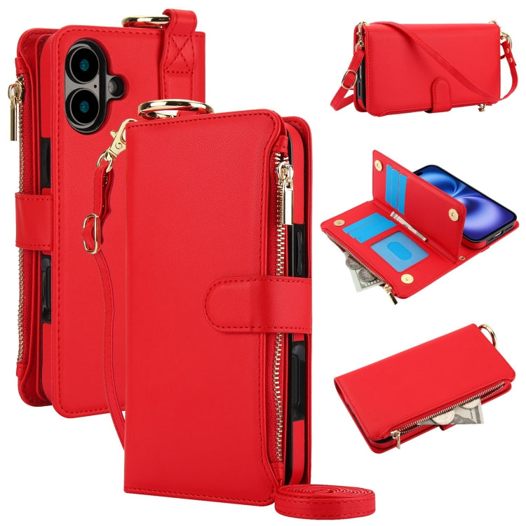 For iPhone 16 Plus Crossbody Ring Multifunctional Wallet Leather Phone Case(Red) - iPhone 16 Plus Cases by PMC Jewellery | Online Shopping South Africa | PMC Jewellery | Buy Now Pay Later Mobicred