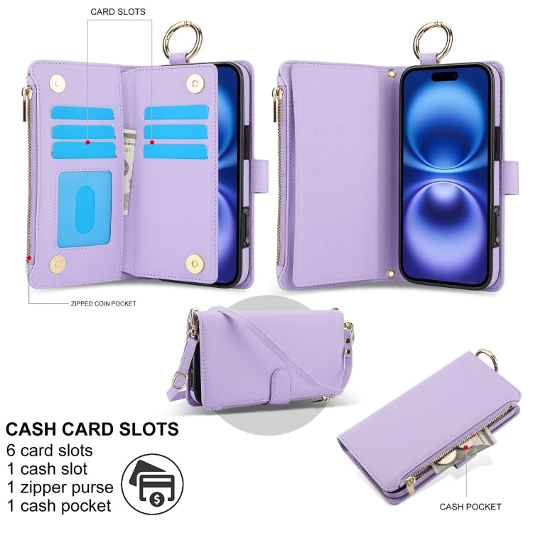 For iPhone 16 Plus Crossbody Ring Multifunctional Wallet Leather Phone Case(Purple) - iPhone 16 Plus Cases by PMC Jewellery | Online Shopping South Africa | PMC Jewellery | Buy Now Pay Later Mobicred