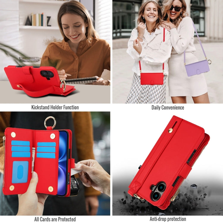 For iPhone 16 Crossbody Ring Multifunctional Wallet Leather Phone Case(Red) - iPhone 16 Cases by PMC Jewellery | Online Shopping South Africa | PMC Jewellery | Buy Now Pay Later Mobicred