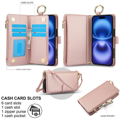 For iPhone 16 Crossbody Ring Multifunctional Wallet Leather Phone Case(Rose Gold) - iPhone 16 Cases by PMC Jewellery | Online Shopping South Africa | PMC Jewellery | Buy Now Pay Later Mobicred