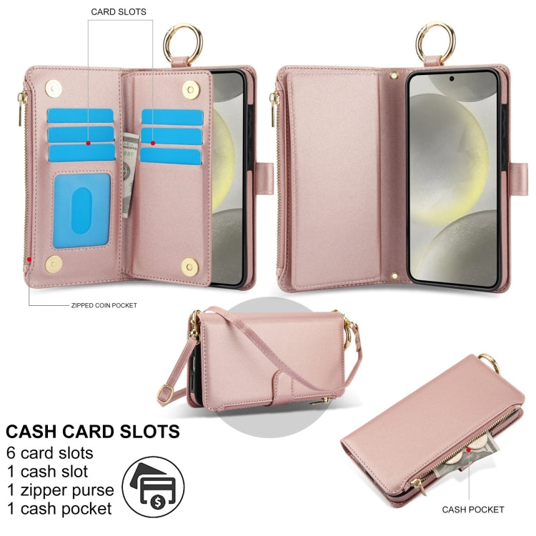 For Samsung Galaxy S24+ 5G Crossbody Ring Multifunctional Wallet Leather Phone Case(Rose Gold) - Galaxy S24+ 5G Cases by PMC Jewellery | Online Shopping South Africa | PMC Jewellery | Buy Now Pay Later Mobicred