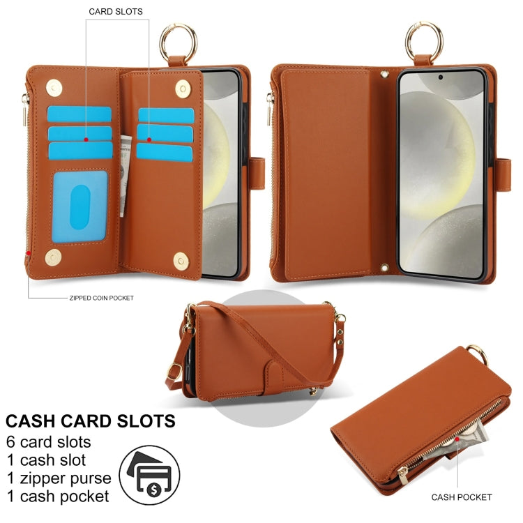 For Samsung Galaxy S24+ 5G Crossbody Ring Multifunctional Wallet Leather Phone Case(Brown) - Galaxy S24+ 5G Cases by PMC Jewellery | Online Shopping South Africa | PMC Jewellery | Buy Now Pay Later Mobicred