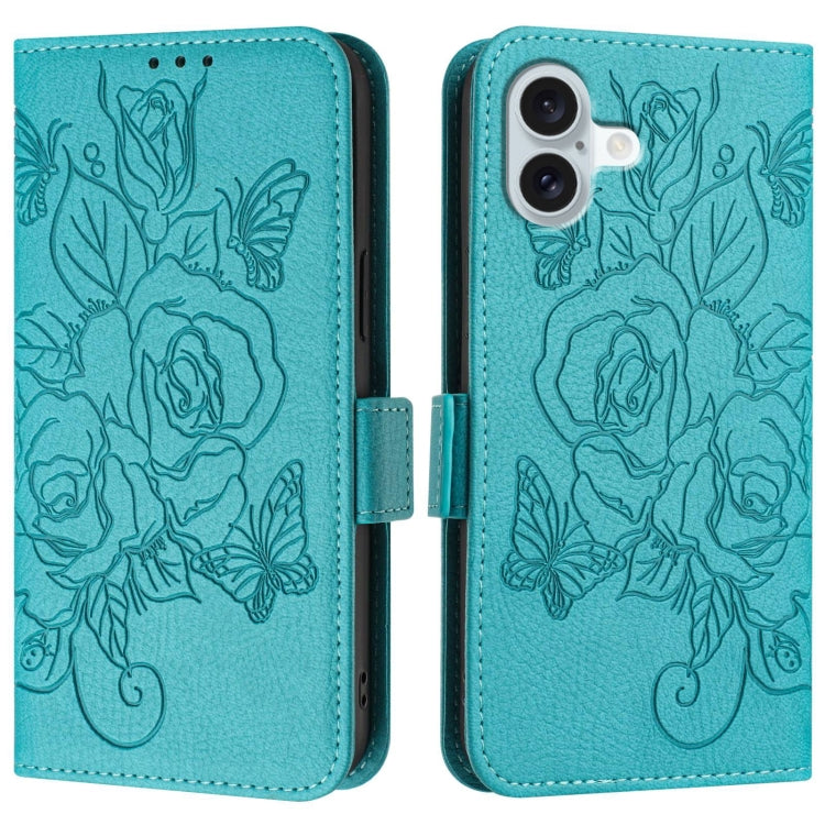 For iPhone 16 Embossed Rose RFID Anti-theft Leather Phone Case(Light Blue) - iPhone 16 Cases by PMC Jewellery | Online Shopping South Africa | PMC Jewellery | Buy Now Pay Later Mobicred