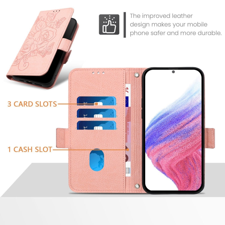 For iPhone SE 2024 Embossed Rose RFID Anti-theft Leather Phone Case(Pink) - More iPhone Cases by PMC Jewellery | Online Shopping South Africa | PMC Jewellery | Buy Now Pay Later Mobicred