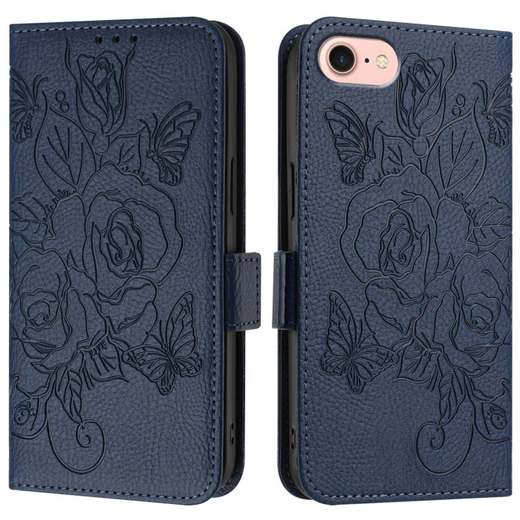 For iPhone SE 2024 Embossed Rose RFID Anti-theft Leather Phone Case(Dark Blue) - More iPhone Cases by PMC Jewellery | Online Shopping South Africa | PMC Jewellery | Buy Now Pay Later Mobicred