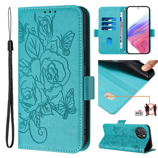 For Blackview Shark 8 Embossed Rose RFID Anti-theft Leather Phone Case(Light Blue) - More Brand by PMC Jewellery | Online Shopping South Africa | PMC Jewellery | Buy Now Pay Later Mobicred
