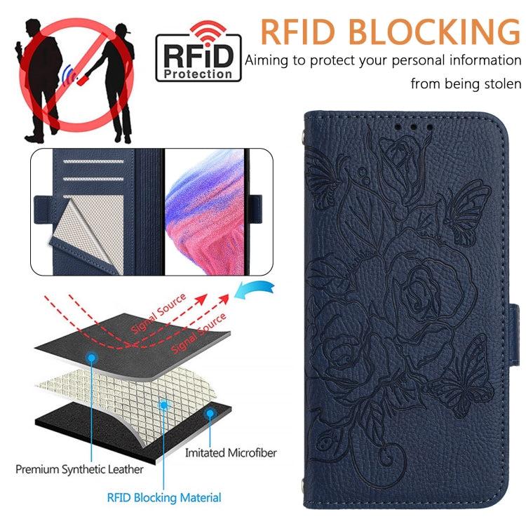 For Blackview Shark 8 Embossed Rose RFID Anti-theft Leather Phone Case(Dark Blue) - More Brand by PMC Jewellery | Online Shopping South Africa | PMC Jewellery | Buy Now Pay Later Mobicred