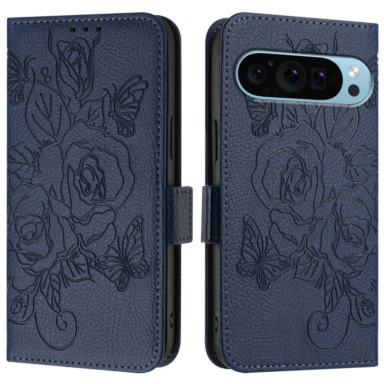 For Google Pixel 9 / 9 Pro Embossed Rose RFID Anti-theft Leather Phone Case(Dark Blue) - Google Cases by PMC Jewellery | Online Shopping South Africa | PMC Jewellery | Buy Now Pay Later Mobicred