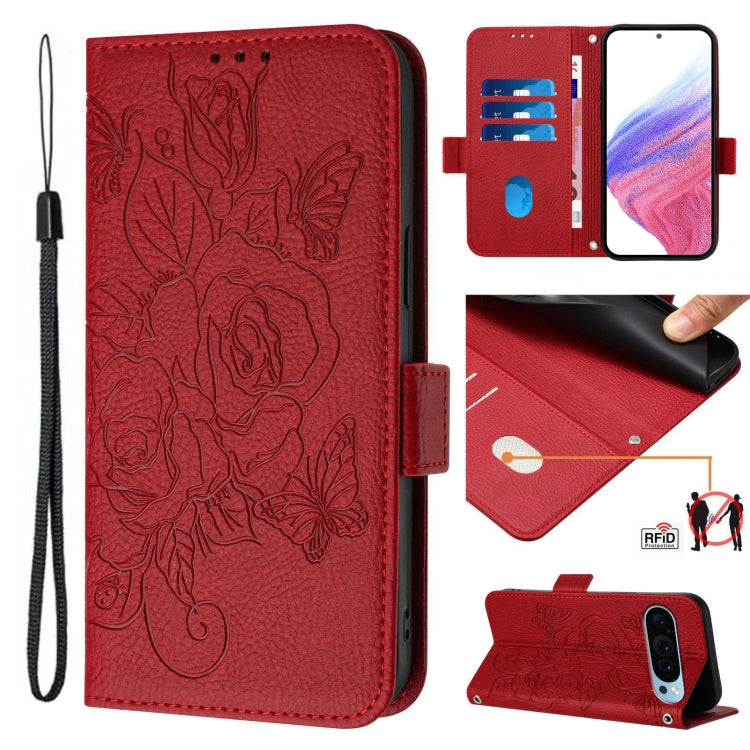 For Google Pixel 9 Pro XL Embossed Rose RFID Anti-theft Leather Phone Case(Red) - Google Cases by PMC Jewellery | Online Shopping South Africa | PMC Jewellery | Buy Now Pay Later Mobicred