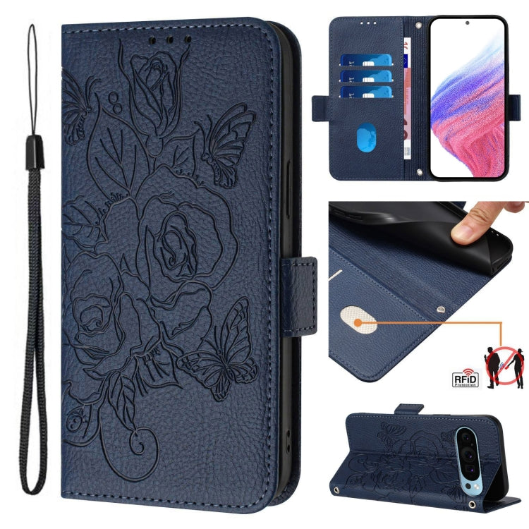 For Google Pixel 9 Pro XL Embossed Rose RFID Anti-theft Leather Phone Case(Dark Blue) - Google Cases by PMC Jewellery | Online Shopping South Africa | PMC Jewellery | Buy Now Pay Later Mobicred