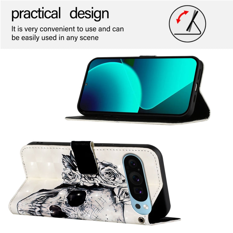 For Google Pixel 9 3D Painting Horizontal Flip Leather Phone Case(Skull) - Google Cases by PMC Jewellery | Online Shopping South Africa | PMC Jewellery | Buy Now Pay Later Mobicred