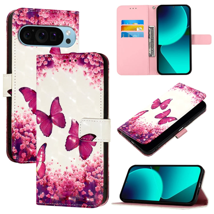 For Google Pixel 9 Pro XL 3D Painting Horizontal Flip Leather Phone Case(Rose Butterfly) - Google Cases by PMC TechLife | Online Shopping South Africa | PMC TechLife | Buy Now Pay Later Mobicred