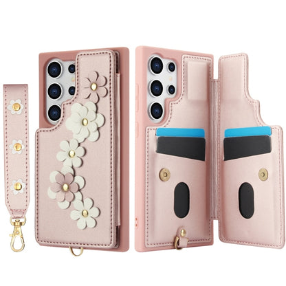 For Samsung Galaxy S25 Ultra 5G Crossbody Flower Pattern Leather Phone Case(Rose Gold) - Galaxy S25 Ultra 5G Cases by PMC Jewellery | Online Shopping South Africa | PMC Jewellery | Buy Now Pay Later Mobicred