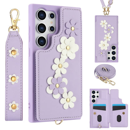 For Samsung Galaxy S25 Ultra 5G Crossbody Flower Pattern Leather Phone Case(Purple) - Galaxy S25 Ultra 5G Cases by PMC Jewellery | Online Shopping South Africa | PMC Jewellery | Buy Now Pay Later Mobicred