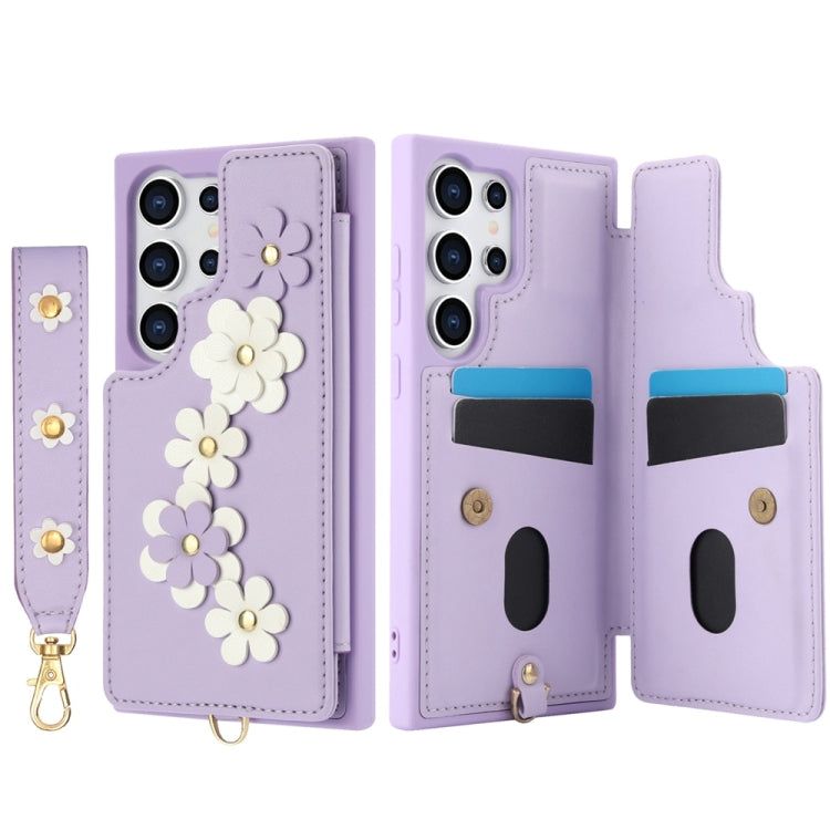 For Samsung Galaxy S25 Ultra 5G Crossbody Flower Pattern Leather Phone Case(Purple) - Galaxy S25 Ultra 5G Cases by PMC Jewellery | Online Shopping South Africa | PMC Jewellery | Buy Now Pay Later Mobicred