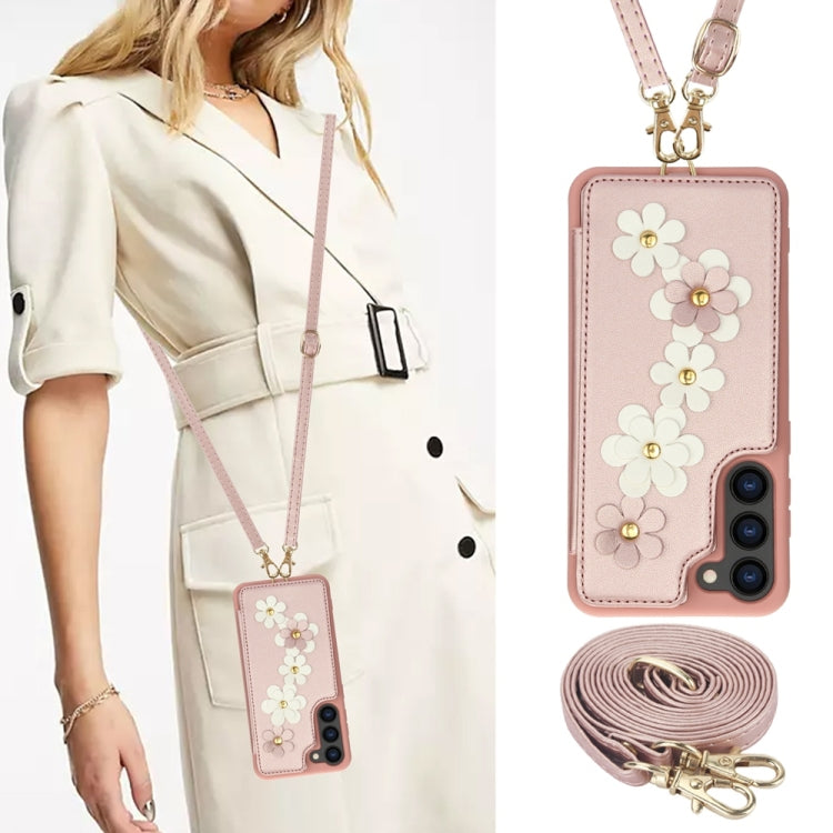 For Samsung Galaxy S25+ 5G Crossbody Flower Pattern Leather Phone Case(Rose Gold) - Galaxy S23+ 5G Cases by PMC Jewellery | Online Shopping South Africa | PMC Jewellery | Buy Now Pay Later Mobicred