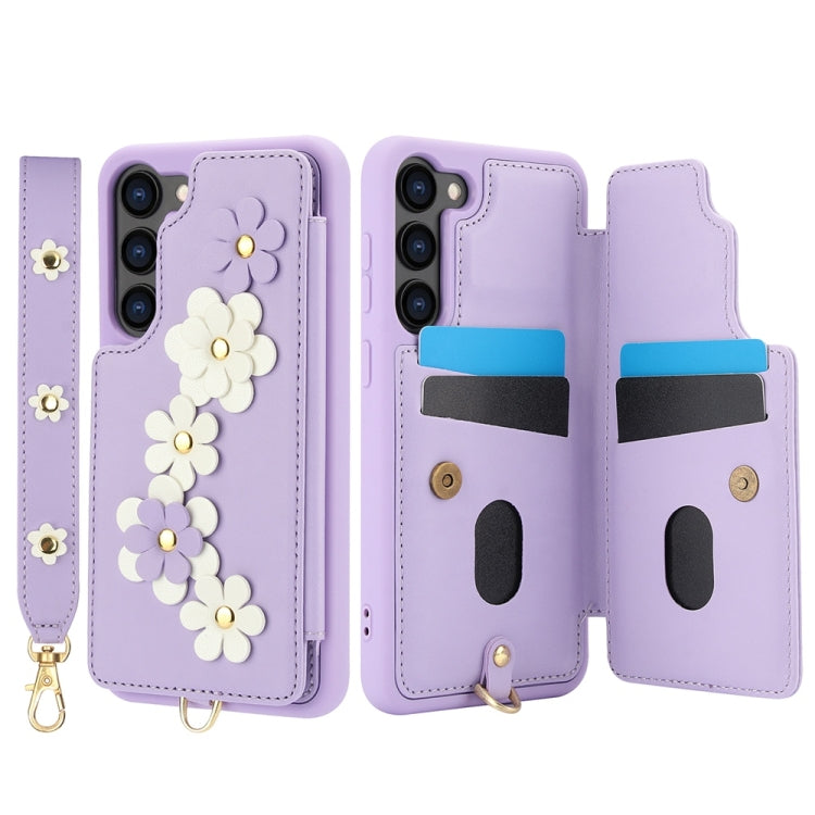 For Samsung Galaxy S25+ 5G Crossbody Flower Pattern Leather Phone Case(Purple) - Galaxy S23+ 5G Cases by PMC Jewellery | Online Shopping South Africa | PMC Jewellery | Buy Now Pay Later Mobicred