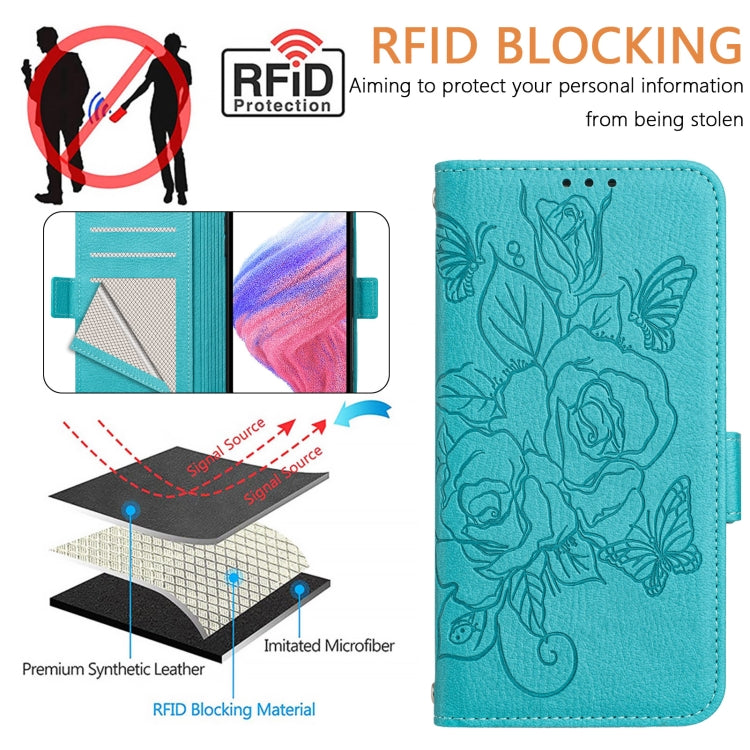 For Honor Magic6 Pro 5G Embossed Rose RFID Anti-theft Leather Phone Case(Light Blue) - Honor Cases by PMC Jewellery | Online Shopping South Africa | PMC Jewellery | Buy Now Pay Later Mobicred