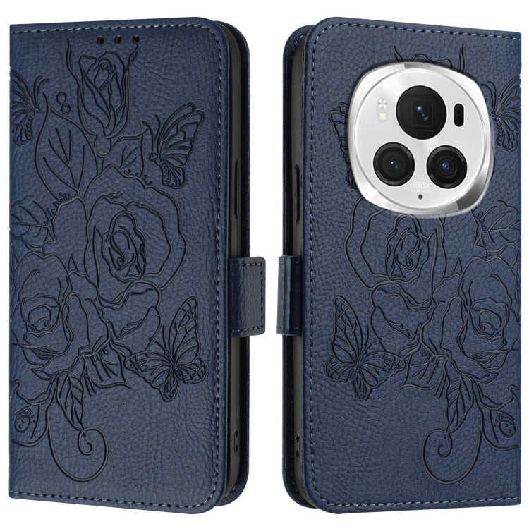 For Honor Magic6 Pro 5G Embossed Rose RFID Anti-theft Leather Phone Case(Dark Blue) - Honor Cases by PMC Jewellery | Online Shopping South Africa | PMC Jewellery | Buy Now Pay Later Mobicred