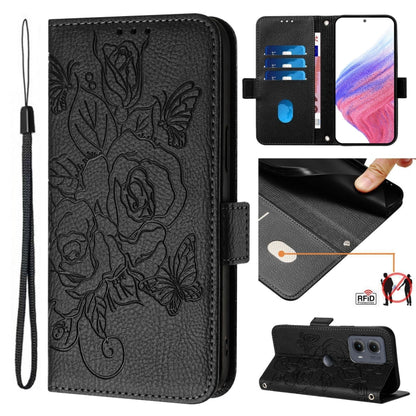 For Motorola Edge 5G 2024 Embossed Rose RFID Anti-theft Leather Phone Case(Black) - Motorola Cases by PMC Jewellery | Online Shopping South Africa | PMC Jewellery | Buy Now Pay Later Mobicred