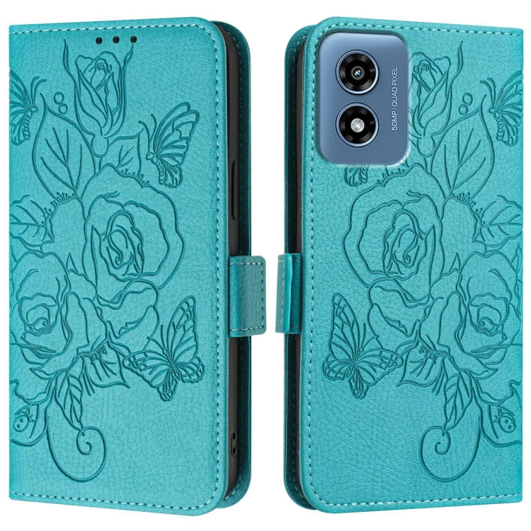 For Motorola Moto G Play 4G 2024 Embossed Rose RFID Anti-theft Leather Phone Case(Light Blue) - Motorola Cases by PMC Jewellery | Online Shopping South Africa | PMC Jewellery | Buy Now Pay Later Mobicred