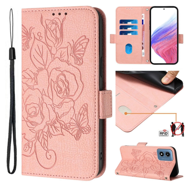 For Motorola Moto G Play 4G 2024 Embossed Rose RFID Anti-theft Leather Phone Case(Pink) - Motorola Cases by PMC Jewellery | Online Shopping South Africa | PMC Jewellery | Buy Now Pay Later Mobicred