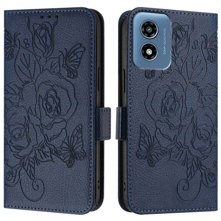 For Motorola Moto G Play 5G / G 5G 2024 Embossed Rose RFID Anti-theft Leather Phone Case(Dark Blue) - Motorola Cases by PMC Jewellery | Online Shopping South Africa | PMC Jewellery | Buy Now Pay Later Mobicred