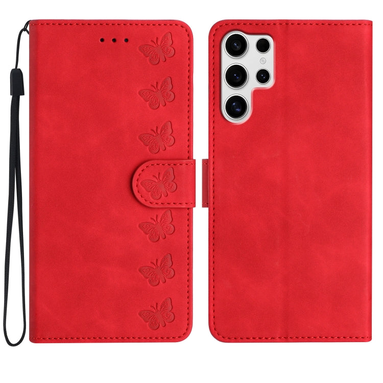 For Samsung Galaxy S25 Ultra 5G Seven Butterflies Embossed Leather Phone Case(Red) - Galaxy S25 Ultra 5G Cases by PMC Jewellery | Online Shopping South Africa | PMC Jewellery | Buy Now Pay Later Mobicred