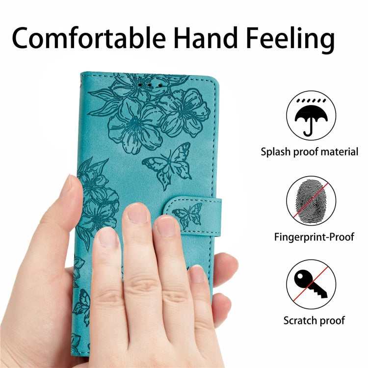 For Samsung Galaxy S25 5G Cherry Blossom Butterfly Skin Feel Embossed PU Phone Case(Green) - Galaxy S25 5G Cases by PMC Jewellery | Online Shopping South Africa | PMC Jewellery | Buy Now Pay Later Mobicred