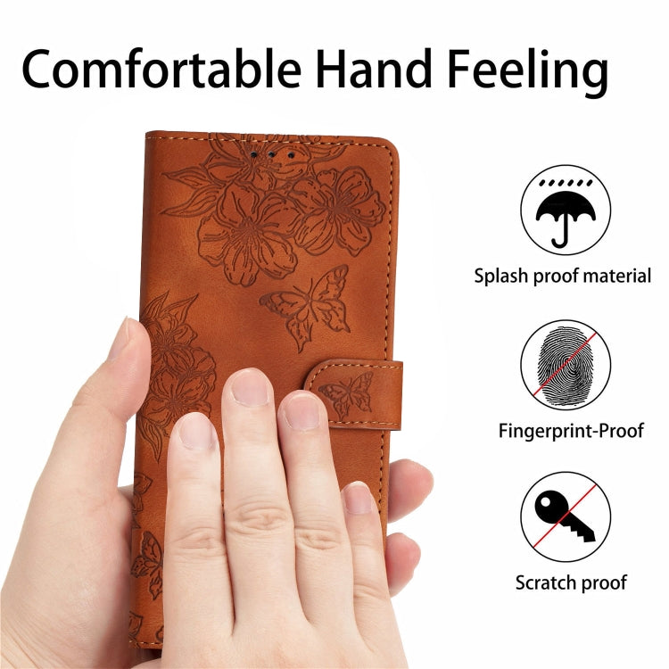 For Samsung Galaxy S25 5G Cherry Blossom Butterfly Skin Feel Embossed PU Phone Case(Brown) - free shipping - PMC Jewellery - Order now!