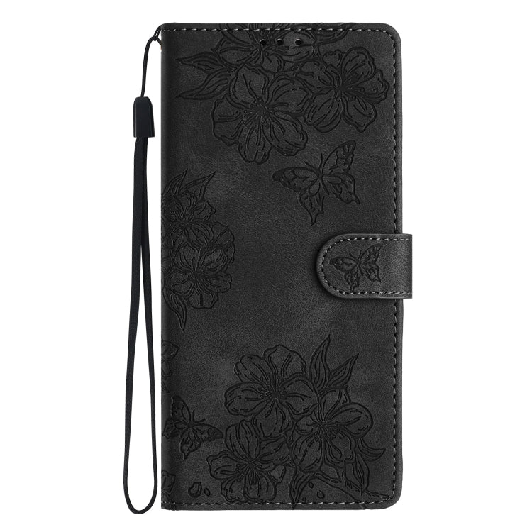 For Samsung Galaxy S25+ 5G Cherry Blossom Butterfly Skin Feel Embossed PU Phone Case(Black) - free shipping - PMC Jewellery - Order now!