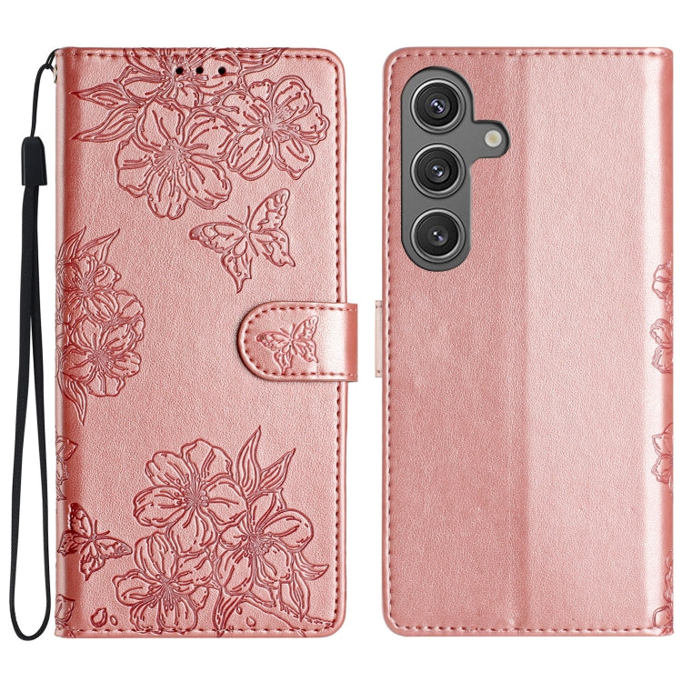 For Samsung Galaxy S25+ 5G Cherry Blossom Butterfly Skin Feel Embossed PU Phone Case(Rose Gold) - Galaxy S25+ 5G Cases by PMC TechLife | Online Shopping South Africa | PMC TechLife | Buy Now Pay Later Mobicred