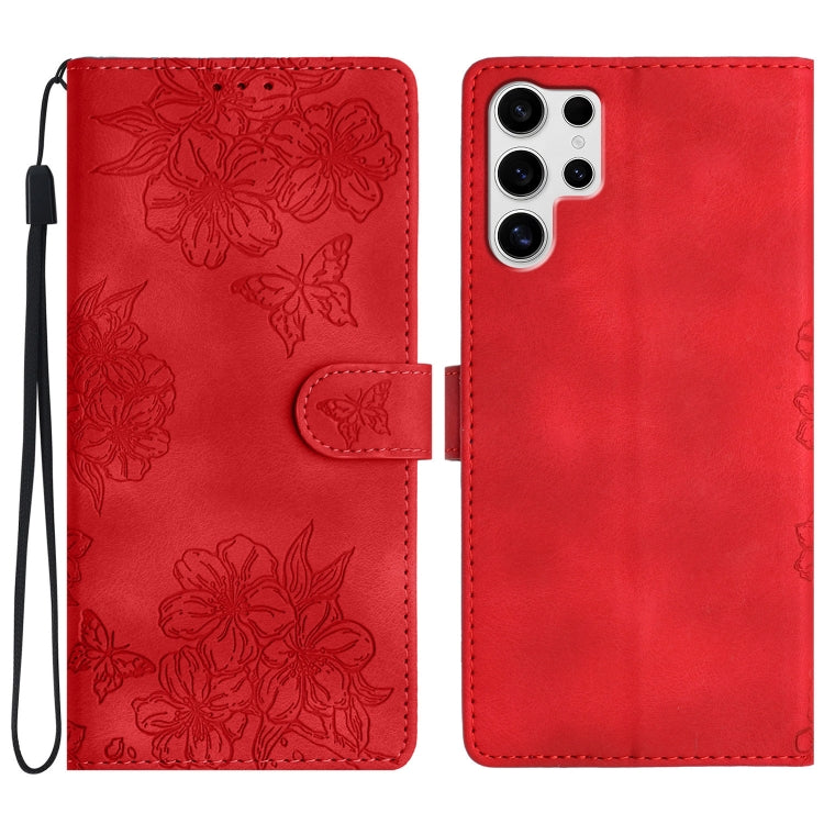 For Samsung Galaxy S25 Ultra 5G Cherry Blossom Butterfly Skin Feel Embossed PU Phone Case(Red) - Galaxy S25 Ultra 5G Cases by PMC TechLife | Online Shopping South Africa | PMC TechLife | Buy Now Pay Later Mobicred