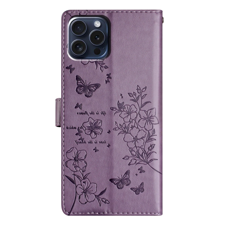 For iPhone 16 Pro Butterflies and Flowers Leather Phone Case(Purple) - iPhone 16 Pro Cases by PMC Jewellery | Online Shopping South Africa | PMC Jewellery | Buy Now Pay Later Mobicred