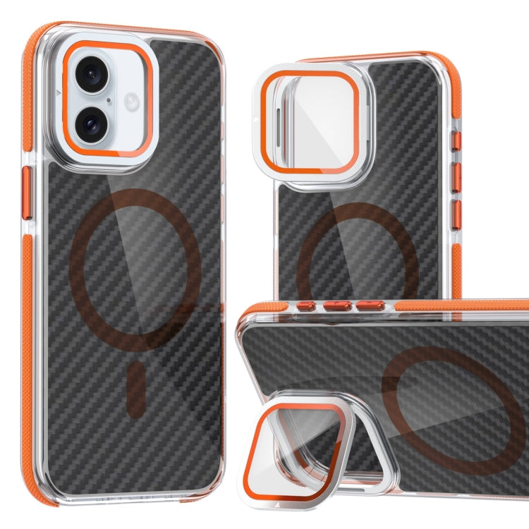 For iPhone 16 Plus Magsafe Dual-Color Carbon Fiber Lens Film Phone Case with Lens Fold Holder(Orange) - iPhone 16 Plus Cases by PMC TechLife | Online Shopping South Africa | PMC TechLife | Buy Now Pay Later Mobicred