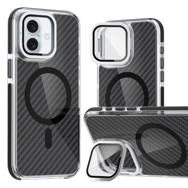 For iPhone 16 Plus Magsafe Dual-Color Carbon Fiber Lens Film Phone Case with Lens Fold Holder(Black) - free shipping - PMC TechLife - Order now!