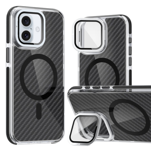 For iPhone 16 Plus Magsafe Dual-Color Carbon Fiber Lens Film Phone Case with Lens Fold Holder(Black) - iPhone 16 Plus Cases by PMC Jewellery | Online Shopping South Africa | PMC Jewellery | Buy Now Pay Later Mobicred