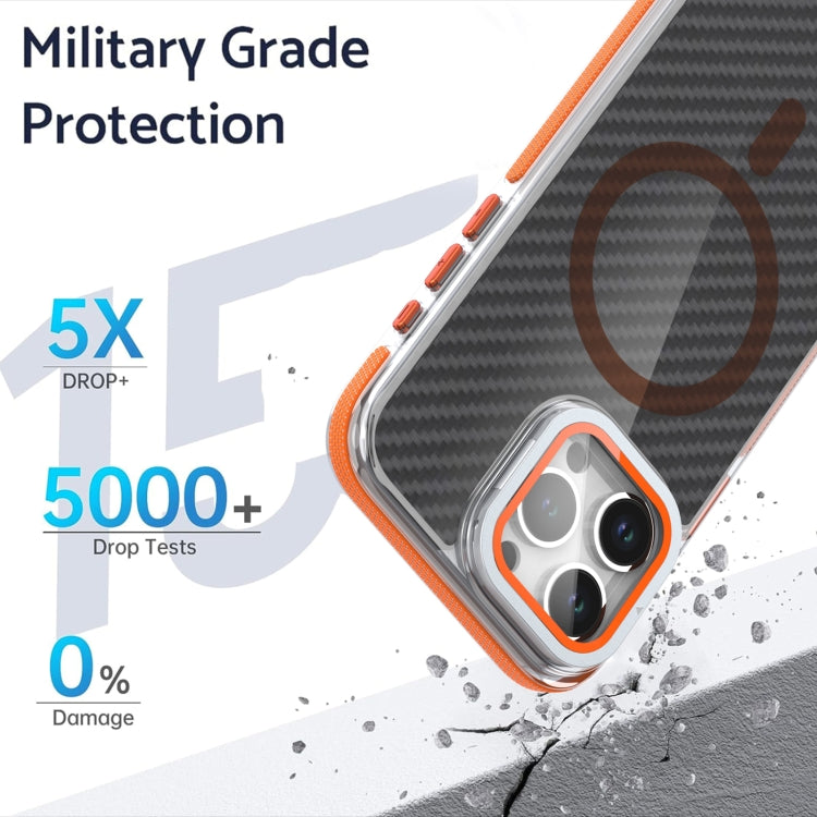 For iPhone 16 Pro Magsafe Dual-Color Carbon Fiber Lens Film Phone Case with Lens Fold Holder(Orange) - iPhone 16 Pro Cases by PMC TechLife | Online Shopping South Africa | PMC TechLife | Buy Now Pay Later Mobicred
