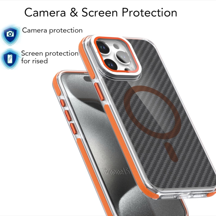 For iPhone 16 Pro Max Magsafe Dual-Color Carbon Fiber Lens Film Phone Case with Lens Fold Holder(Orange) - iPhone 16 Pro Max Cases by PMC Jewellery | Online Shopping South Africa | PMC Jewellery | Buy Now Pay Later Mobicred