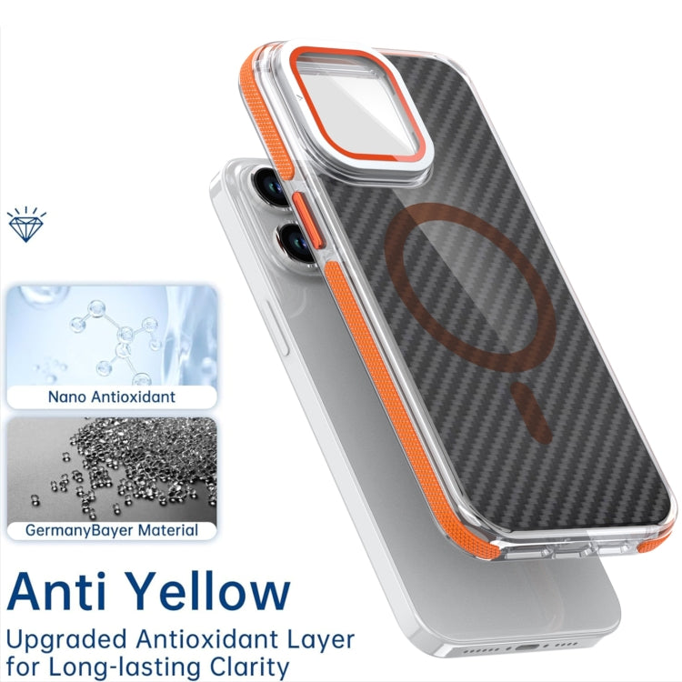 For iPhone 16 Plus Magsafe Dual-Color Carbon Fiber Lens Film Phone Case with Lens Fold Holder(Orange) - iPhone 16 Plus Cases by PMC TechLife | Online Shopping South Africa | PMC TechLife | Buy Now Pay Later Mobicred