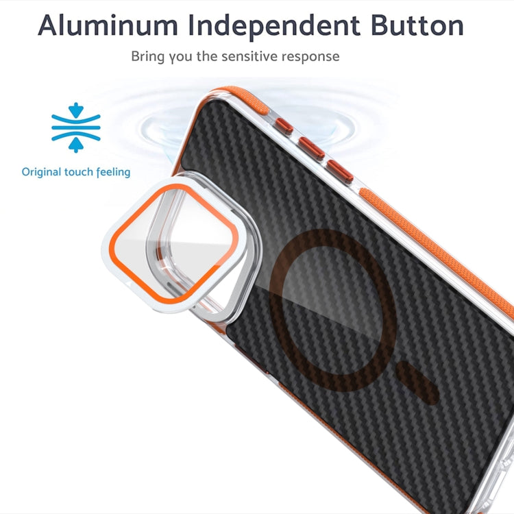 For iPhone 16 Pro Magsafe Dual-Color Carbon Fiber Lens Film Phone Case with Lens Fold Holder(Orange) - iPhone 16 Pro Cases by PMC Jewellery | Online Shopping South Africa | PMC Jewellery | Buy Now Pay Later Mobicred