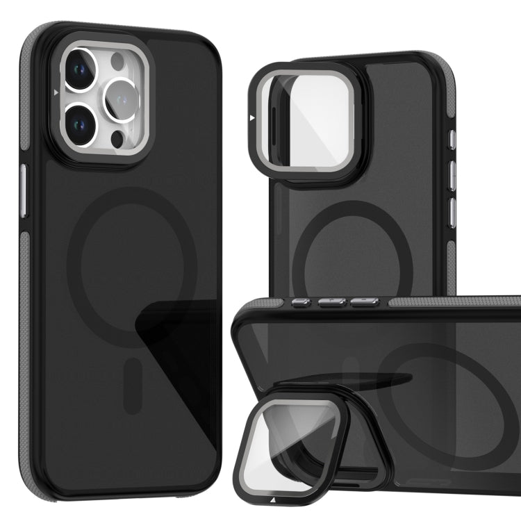 For iPhone 16 Pro Max Magsafe Dual-Color Skin Feel Lens Film Phone Case with Lens Fold Holder(Gray) - iPhone 16 Pro Max Cases by PMC TechLife | Online Shopping South Africa | PMC TechLife | Buy Now Pay Later Mobicred