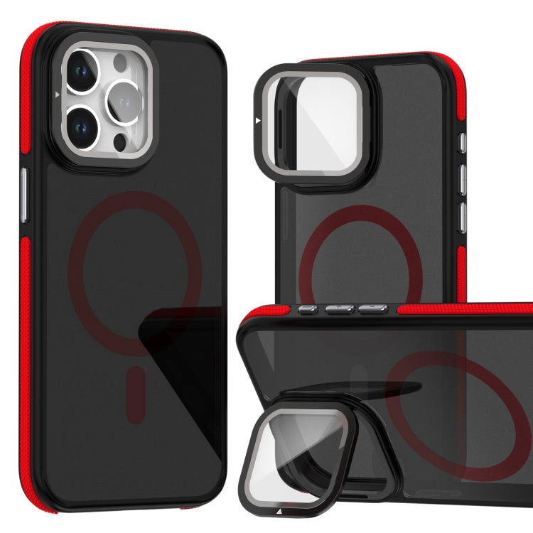 For iPhone 16 Pro Max Magsafe Dual-Color Skin Feel Lens Film Phone Case with Lens Fold Holder(Red) - More iPhone Cases by PMC TechLife | Online Shopping South Africa | PMC TechLife | Buy Now Pay Later Mobicred