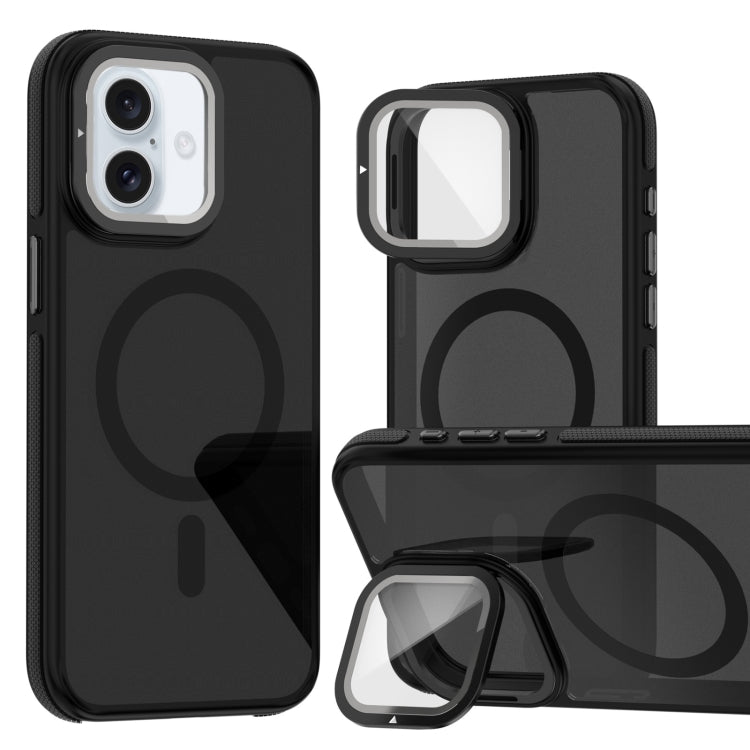 For iPhone 16 Plus Magsafe Dual-Color Skin Feel Lens Film Phone Case with Lens Fold Holder(Black) - iPhone 16 Plus Cases by PMC Jewellery | Online Shopping South Africa | PMC Jewellery | Buy Now Pay Later Mobicred